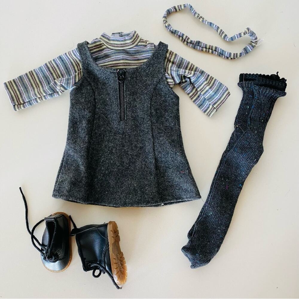 AMERICAN GIRL DOLL School Jumper Outfit Grey Dress Shirt Boots Tights Headband